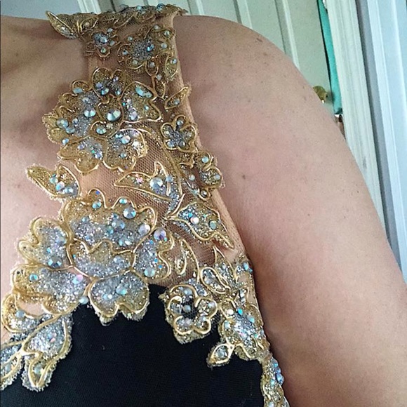 Black Prom Dress with Gold and Silver Embroidery - Picture 4 of 6